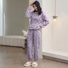 2 Pcs/Set Winter Pajamas Set Thickened Coral Fleece Checked Texture Round Neck Long Sleeves Top Wide Leg Elastic Waist Trousers Homewear Loungewear