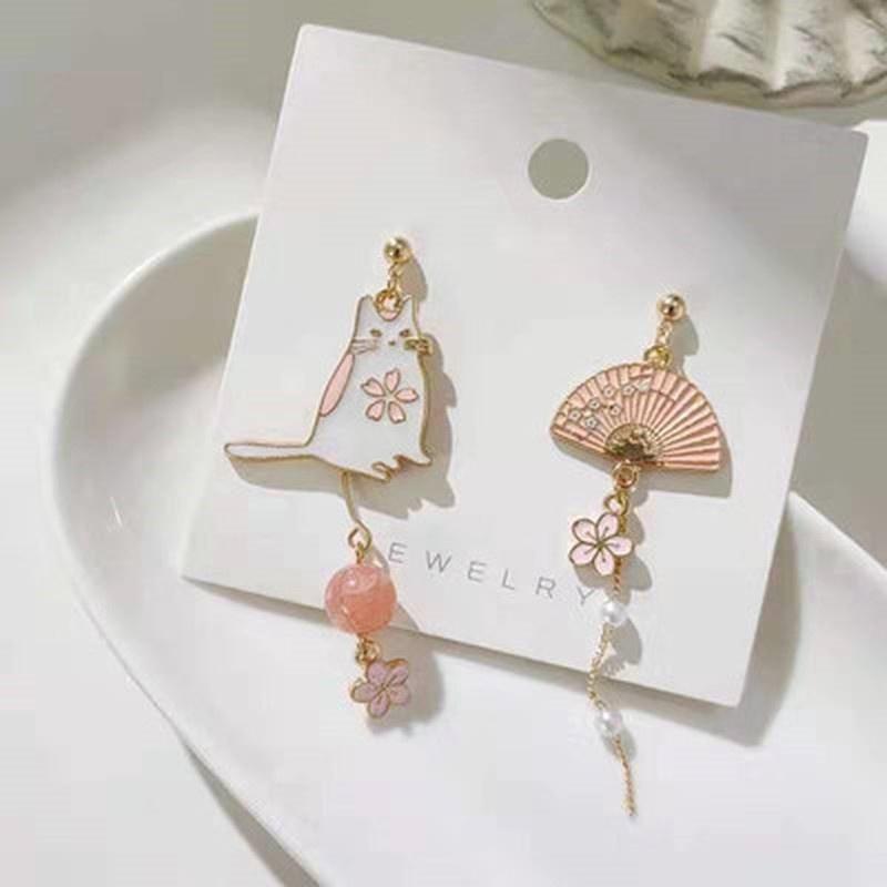 Висячие серьги с милыми животными и цветами для женщин, асимметрия в виде веера в виде котенка, богемные серьги, вечерние ювелирные изделия, подарок