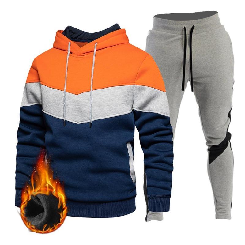 2024 Hooded Pullover Sweatshirt Pants Set Contrast Color Hooded Winter Men's Sportswear Sports 2-piece Set Men's Jogging Sweatshirt Set