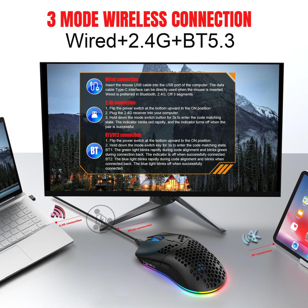 ZIYOU LANG T66 Беспроводная игровая мышь 1000 Гц Reporter RGB DPI Черная, Частота опроса, 2,4G/Bluetooth 5.3/USB-C, Подсветка, 5-уровневая регулировка, 90 г,
