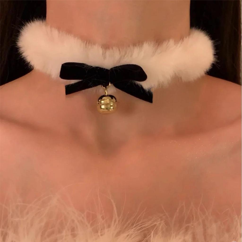 Elegant White Plush Choker with Bow & Bell - Women's Winter Necklace