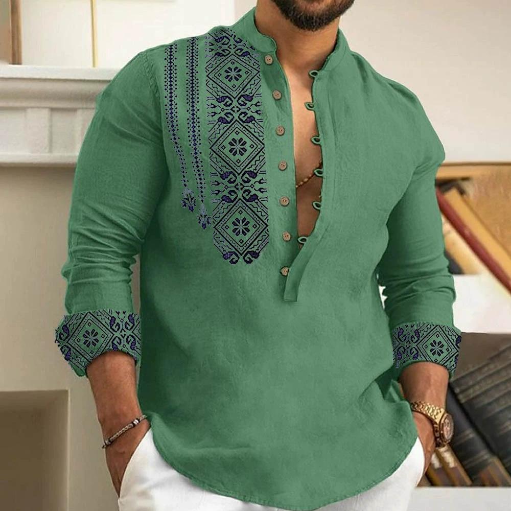 Autumn Henley Shirts Ethnic Style 3D Print Tops Blouse Men's Casual Fashion Vintage Stand Collar Long Sleeve Shirt Man Clothing