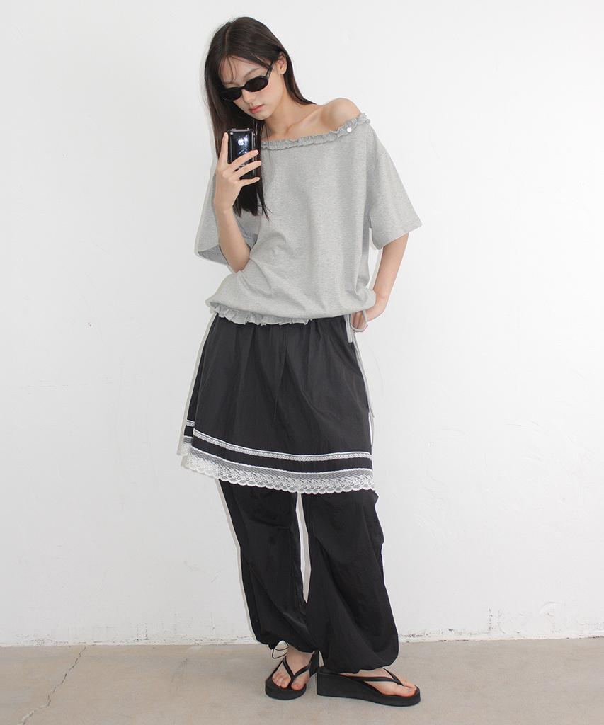 RONRON Lace Point Skirt Layered Jogger Pants Black