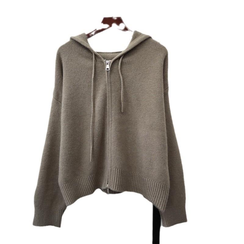 Double Zipper Hooded Knitted Cardigan Autumn and Winter New Short Design Loose Sweater Jacket Women