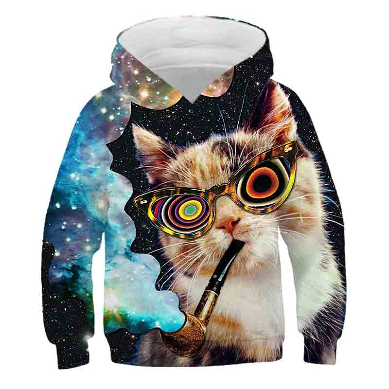 Толстовка с милым котом для мальчиков и девочек, детский пуловер с капюшоном, модные детские толстовки, детские повседневные топы, одежда