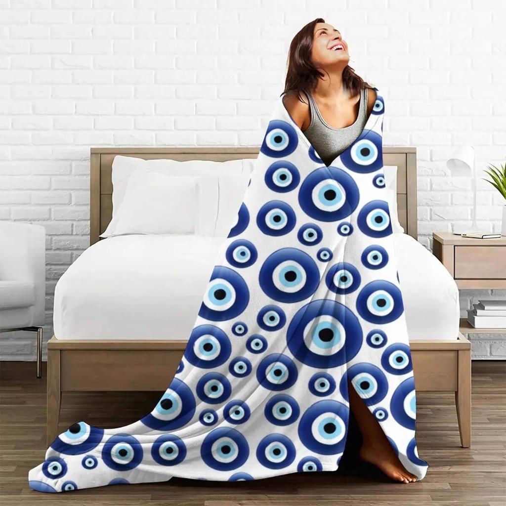 Mediterranean Evil Eye Flannel Blankets Warm Soft Charm Blue Throw Blanket Winter Airplane Travel Chair Sofa Bed Funny Bedspread