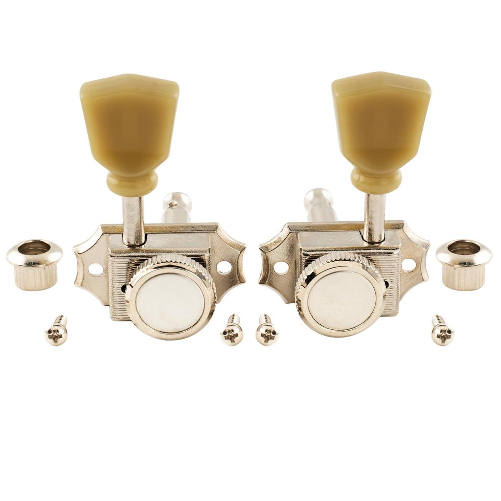 Musiclily Pro Vintage 3L+3R Guitar Locking Tuners for LP Les Paul Electric/Acoustic Guitars, Nickel with Green Buttons