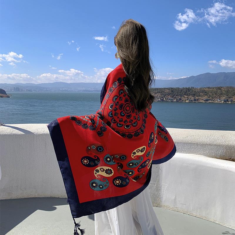 Summer cotton and linen feel scarf travel silk scarf sun protection air conditioner large shawl women's beach towel ethnic style scarf