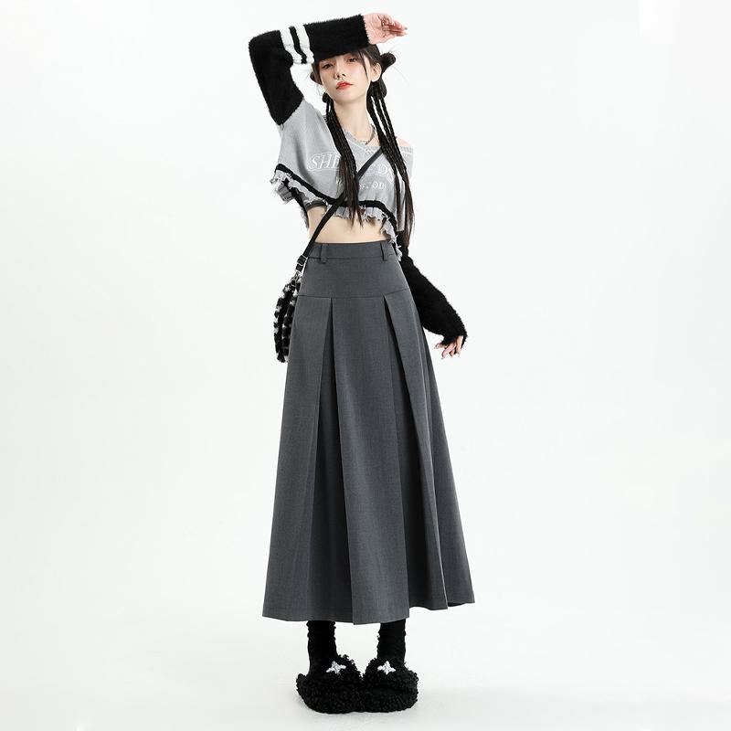 Винтажный серый костюм, юбка трапециевидной формы, женская весенне-осенняя плиссированная юбка средней длины с высокой талией в студенческом стиле