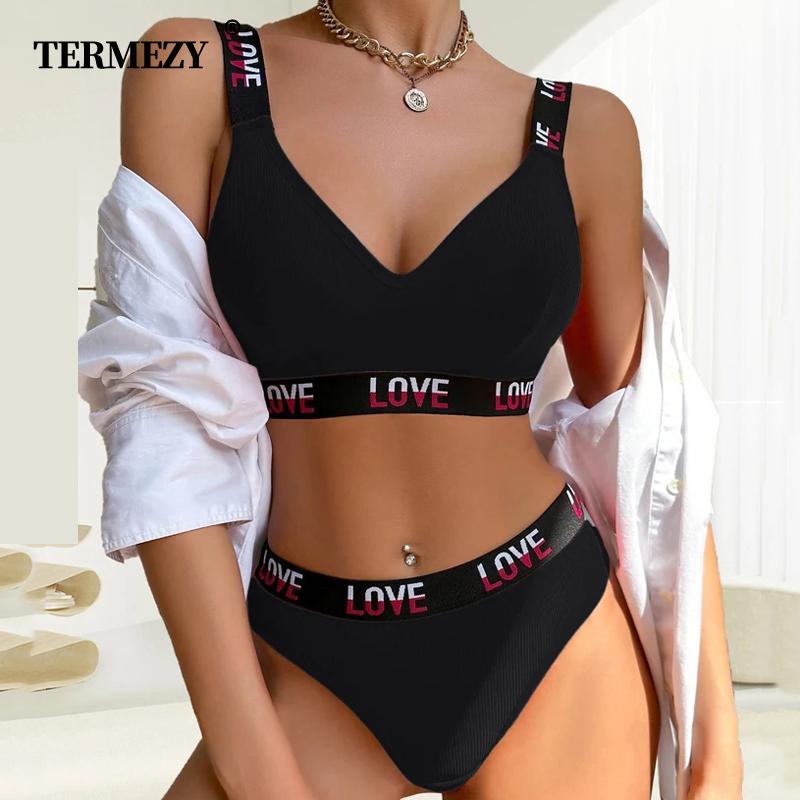 TERMEZY Women Push Up Bra Set Sexy Letter Sport Vest Bra Low Waist Thong Set Wire Free Bralette Lingerie Cotton Underwear Set