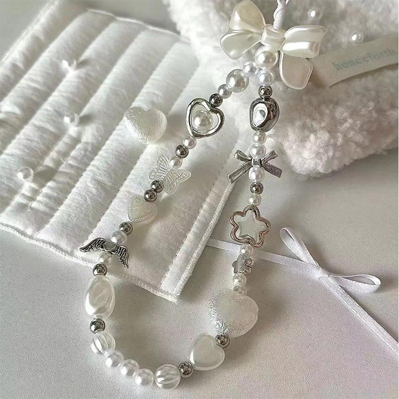 Ins милый белый бант сердце жемчужные бусины бисерная телефонная цепочка подвесная веревка анти-потеряющийся шнур подвесное украшение для телефона Ccd камера