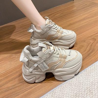 Новые массивные кроссовки женские осенние на шнуровке на платформе спортивная обувь женская 8 см толстая подошва на высоком каблуке женские кожаные кроссовки