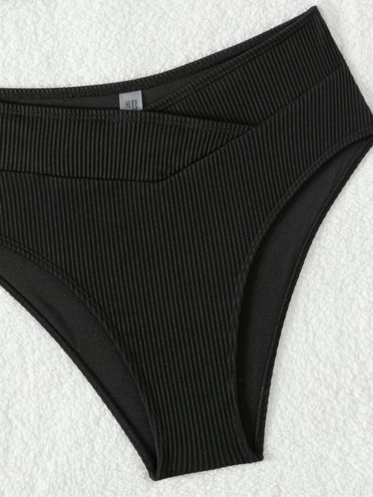 2024 Solid Color Ribbed One-Shoulder High-Waisted Bikini Swimwear