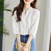 Summer Elegant Fashion Embroidery 3/4 Sleeve Solid Color Cotton Shirt Women V-neck Casual Cardigan Blouse