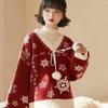 New Christmas Women's Sweater Red Snowflake Design Ladies Knitwear Autumn Winter V-Neck Loose Sweet Long Sleeve Pullover