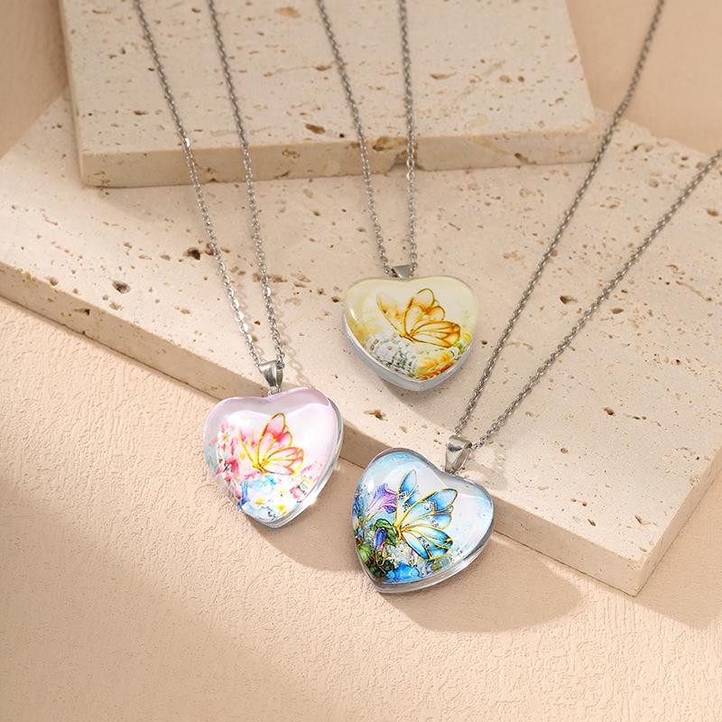 Новое Сердце Бабочка Нежное Стекло Реверсивный Кулон Ожерелье Цветок Простой Нишевый Женский