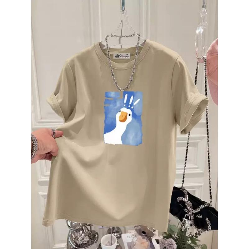 Cartoon Printed Short-sleeved T-shirt for Women In Summer New Fashionable Age-reducing Large-shoulder Pure Cotton Top