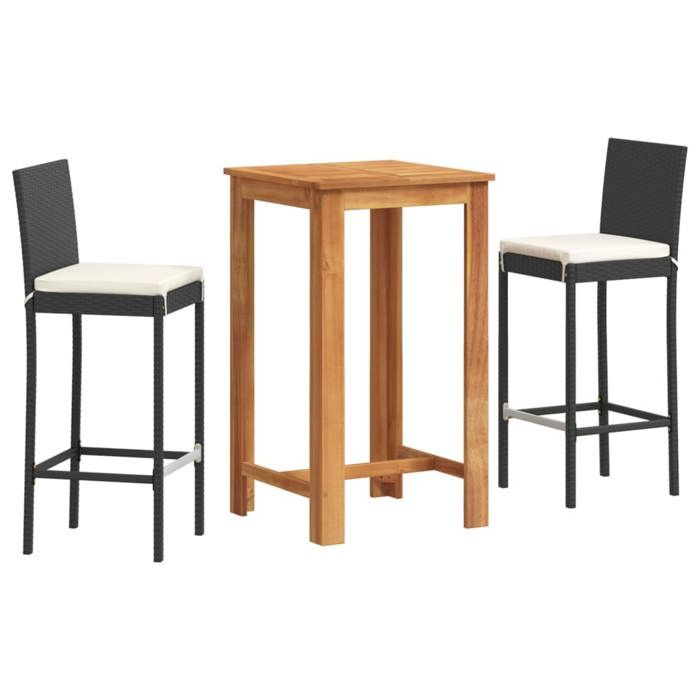 VidaXL Ensemble de bar de jardin 3 pcs noir bois massif acacia rotin, table et chaises de bar d'extérieur, ensemble de 3295262