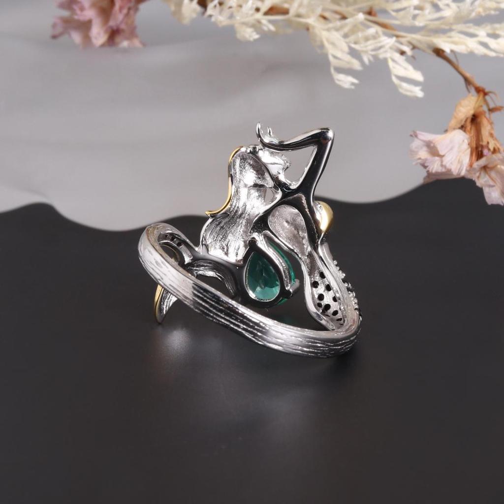 Elegant Mermaid Design Created Pear 5*7mm Emerald Nano Ring 925 Sterling Silver Jewelry for Women's Proposal and Banquet Gifts