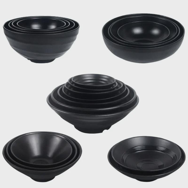 Ударопрочная меламиновая миска для лапши рамэн - черный искусственный фарфор, идеально подходит для острой лапши или риса в ресторанах.