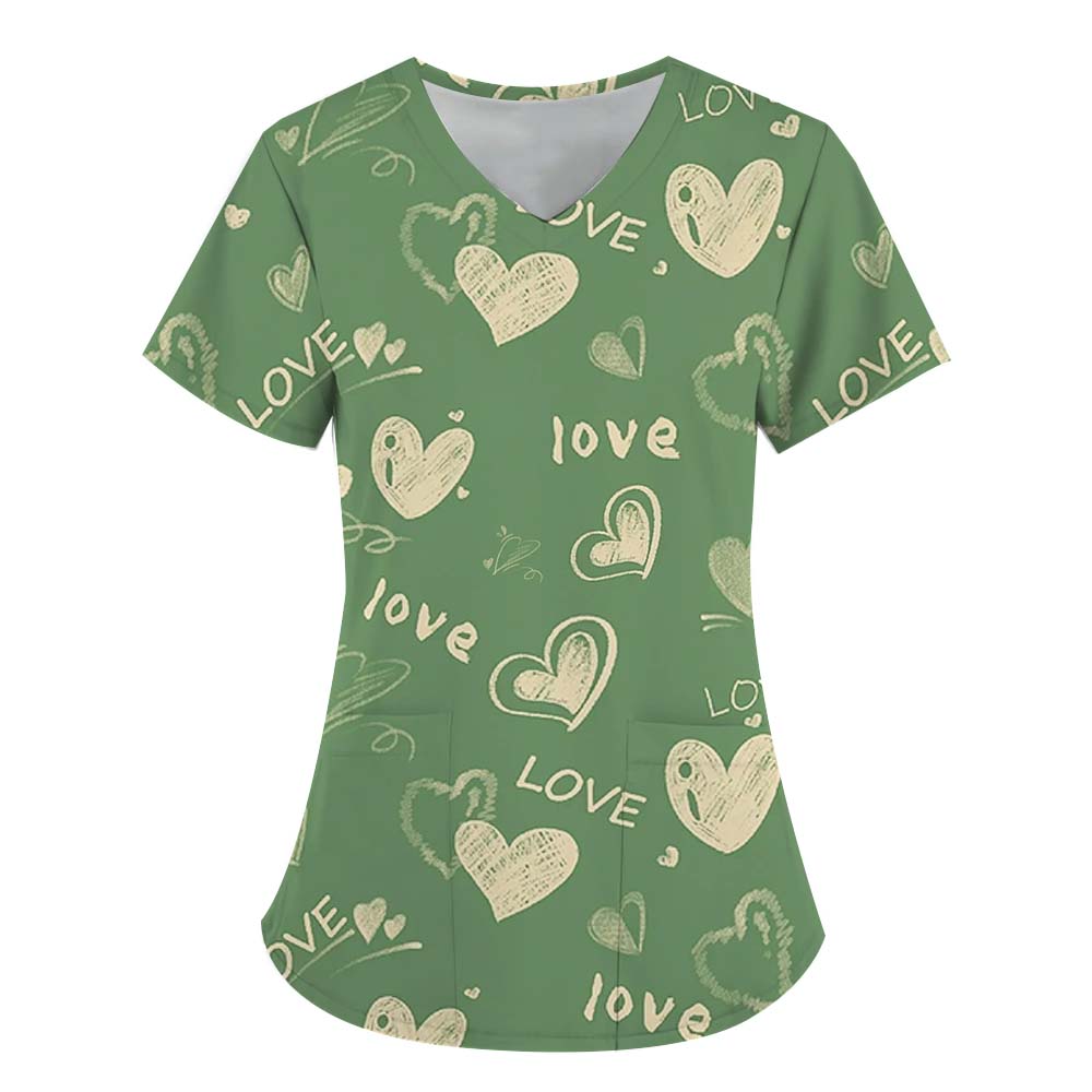 Women Working Uniform Smile Heart Print Cartoon Cat Dog Short Sleeve V-neck Tops Femme Blouse Nurse Work Wear Medical Uniforms