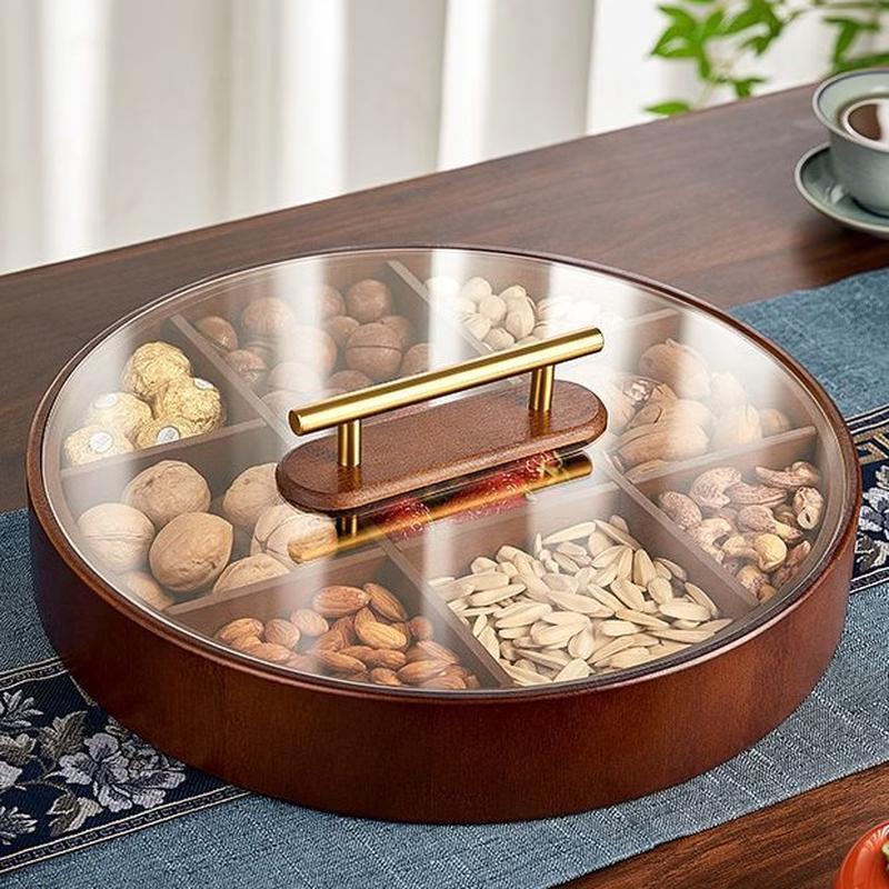 Деревянная коробка для хранения закусок и орехов из грецкого ореха, 4 отделения, со стеклом с золотой окантовкой