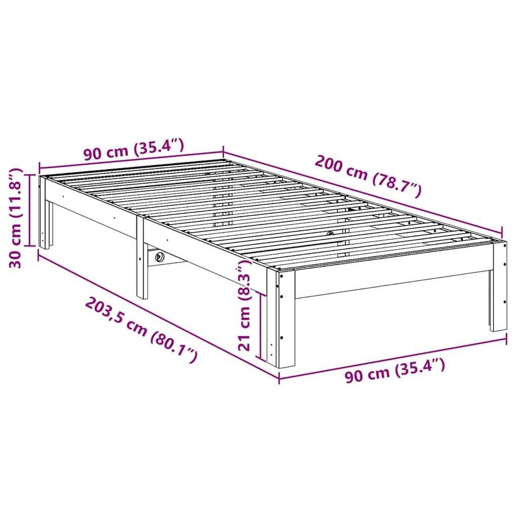 Solid Wood Bed Frame without Mattress 90 x 200 cm Pine Wood