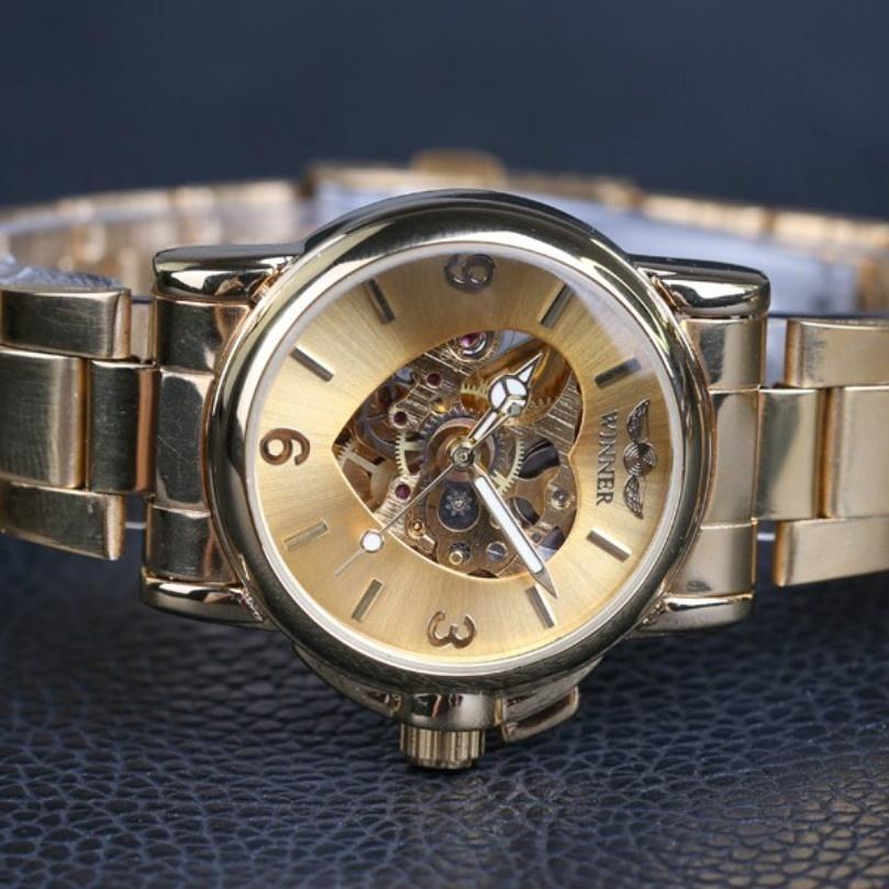 WINNER New Women Luxury Top Brand Automatic Mechanical Watch Golden Skeleton Love Stainless Steel Fashion Ladies Wrist Watch