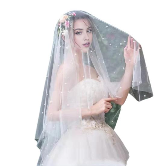 Фата невесты с отделкой из искусственного жемчуга Белая сетчатая однослойная свадебная фата