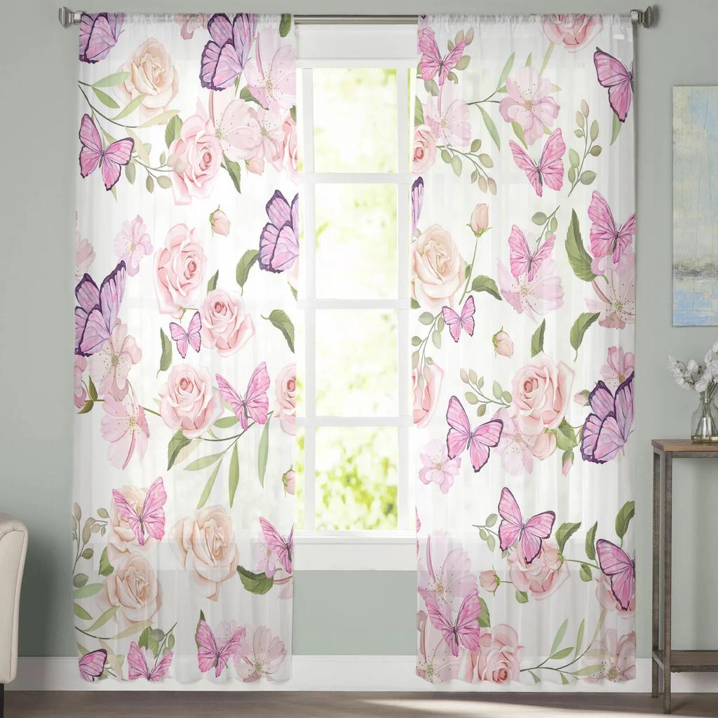 Весенние цветы бабочка розовые тюлевые шторы для гостиной спальни прозрачные занавески для балкона зала модные домашние шторы с принтом