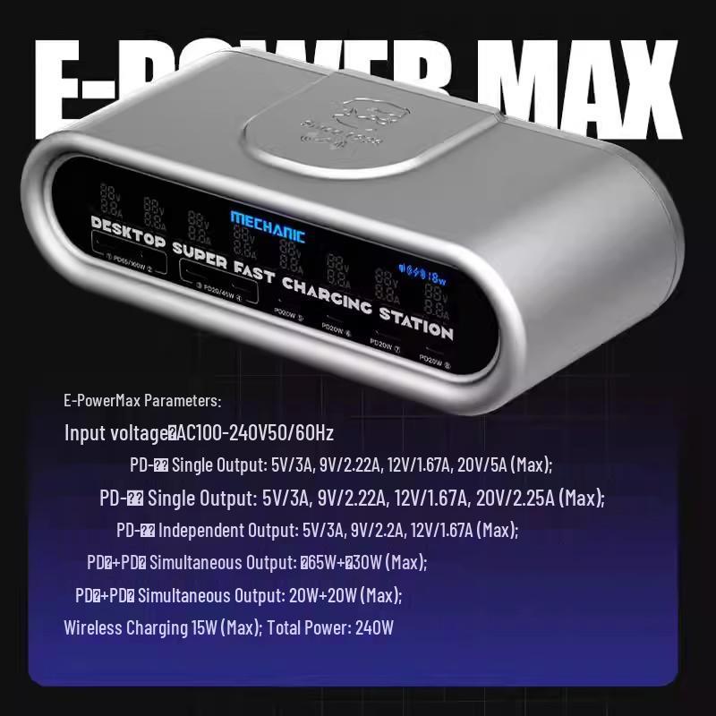 Беспроводное зарядное устройство с несколькими портами USB для ремонта и цифровым дисплеем для быстрой зарядки мобильных устройств и планшетов