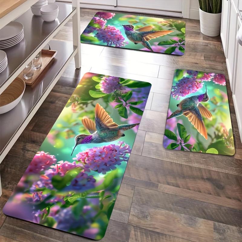 Hummingbird Flowers Print Kitchen Rug, Decorative Floor Mat for Dining Room Bathroom Bedroom Home Entrance Decor