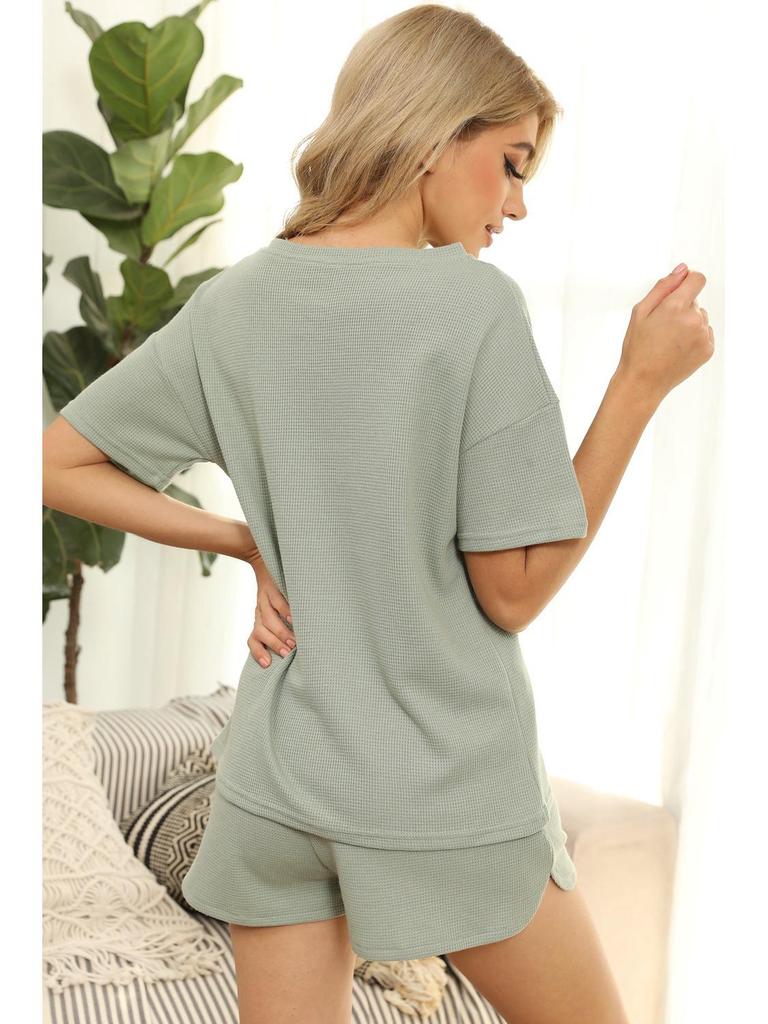 Женский повседневный трикотажный вафельный костюм-двойка 2024: Топ с коротким рукавом и шорты