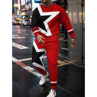 Модный мужской спортивный комплект с 3D-образным рисунком звезды, спортивная толстовка с капюшоном, длинные брюки, круглый вырез, спортивный комплект, повседневная одежда