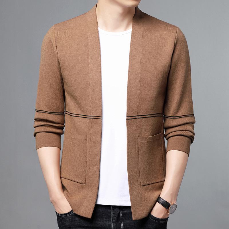 Мужской приталенный вязаный кардиган - Модная корейская мода, свитер-куртка с длинным рукавом для весны/осени 2025.
