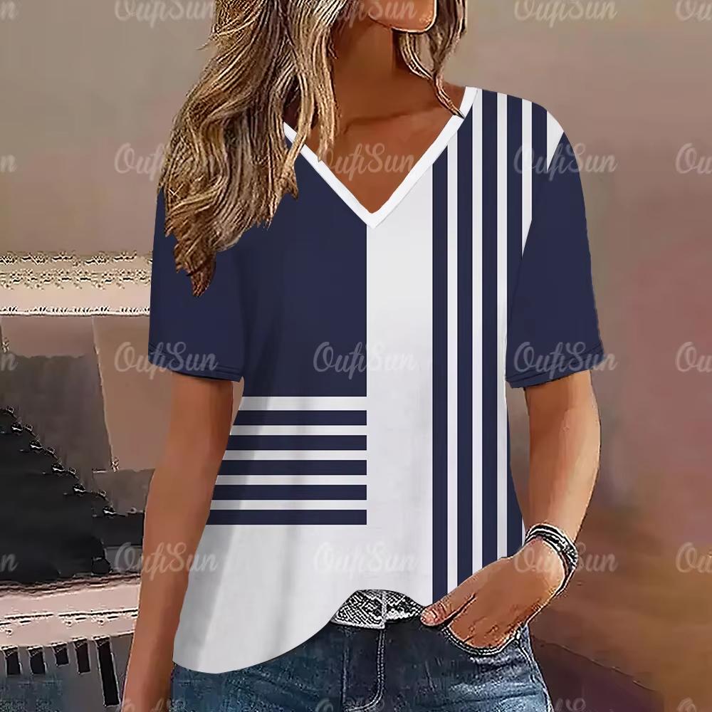 Women T Shirt Simple Stripe 3d Print T-shirt Women Fashion Blue V-Neck Short Sleeve Summer Tops Tees Women Clothing Oversized