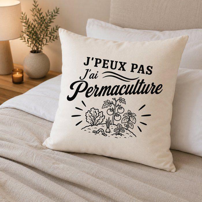 Housse de Coussin J’peux pas j’ai Permaculture J'peux pas minimaliste | Coton Canvas Fairtrade 305 g/m² Zip Invisible Taille 50×50