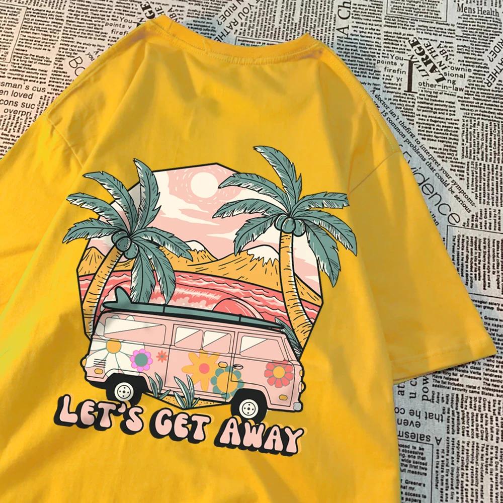 Давайте уедем, поедем на автобусе, поедем в отпуск, напечатанные мужские футболки Harajuku, дышащая футболка, летняя одежда, модная свободная футболка