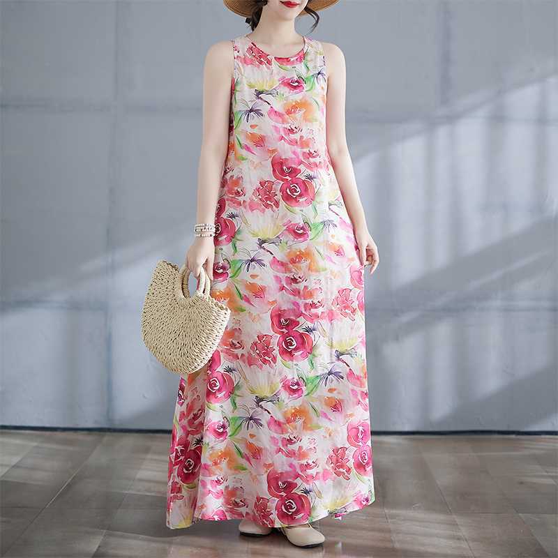 Новое бохо длинное платье лето новый стиль добавить жир для увеличения без рукавов с круглым вырезом принт платье