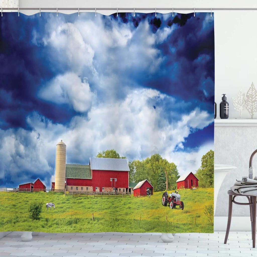 Rustic Shower Curtain Old Wooden Barn with Rusted Tractor Hillside Wooden Fence and Trees Cloth Fabric Bathroom Decor with Hooks