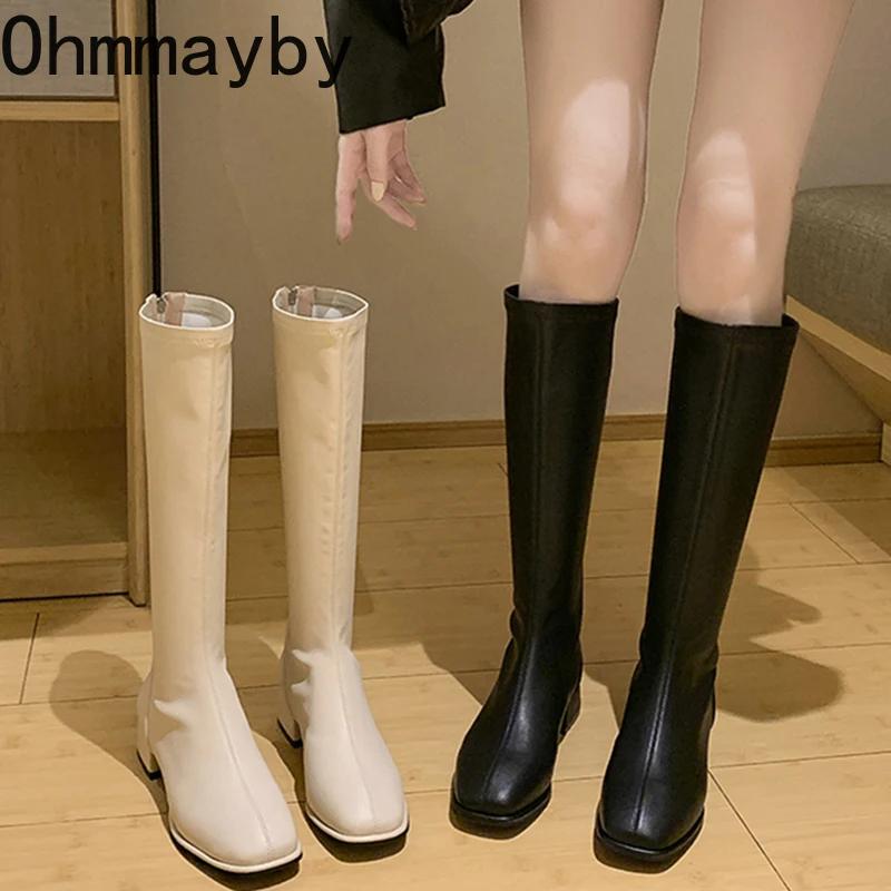 Fashion Winter Woman Knee-High Boots Fashion Comfort Soft Leather Square Low Heel Long Booties 2024 Trend Add Fur Women's Boots