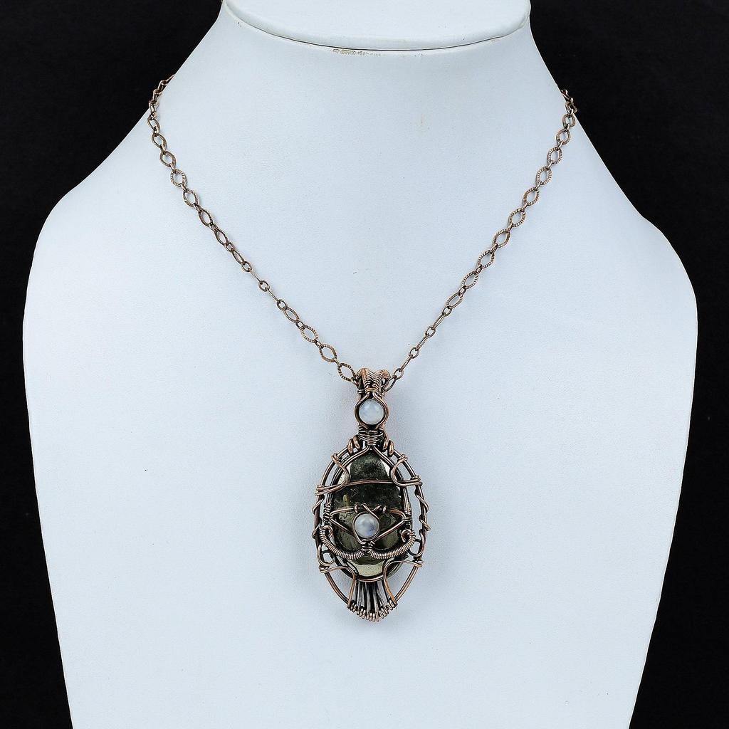 Подвеска с пиритом от сглаза Медная проволока Кулон Радуга Ювелирные изделия из лунного камня Подвеска из драгоценного камня ручной работы Подарок для мамы Медные дизайнерские украшения