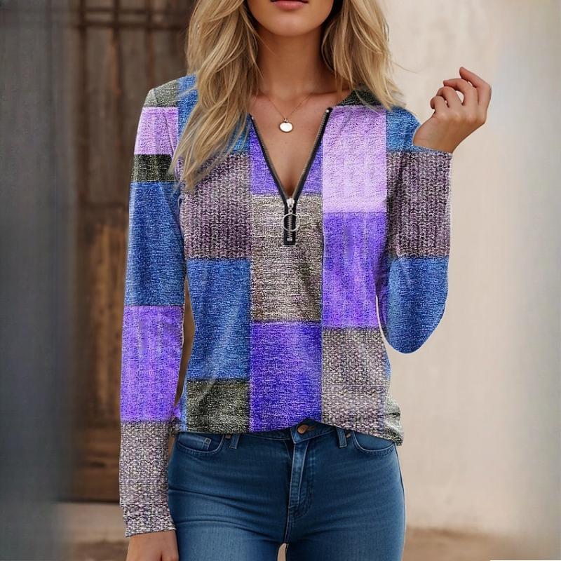 Autumn and Winter Women's Fashion Casual Loose Printed V-Neck Zip Long Sleeve Cashmere T-Shirt