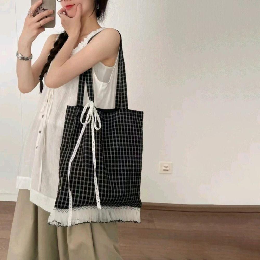 Large Capacity Ruffle Lace Canvas Bag Polka Dot Plaid Shoulder Bag Bow Shoulder Bag  Shopping