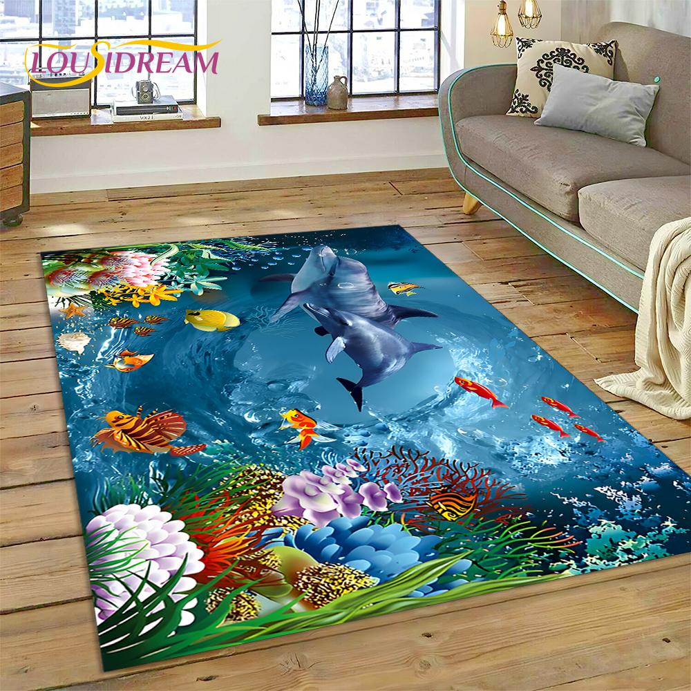 3D иллюзия подводного мира, морское дно, акула, дельфин, мультяшный ковер для декора гостиной, спальни, нескользящий коврик для дивана, детский коврик