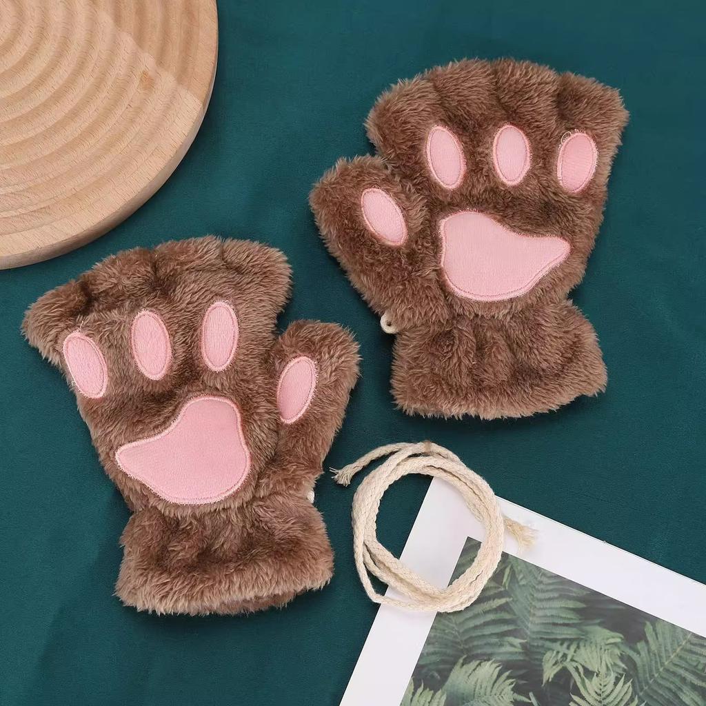 Winter Warm Fingerless Gloves Lovely Sweet Bear Paw Thickened Plush Half Finger Glove Multicolor Fluffy Soft Cat Claw Mittens