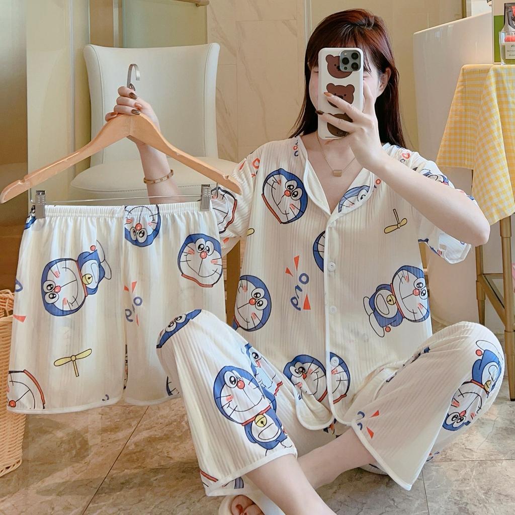Short-Sleeved Pajamas Three-Piece Korean Version Of Sweet And Cute Cardigan Women'S Loungewear