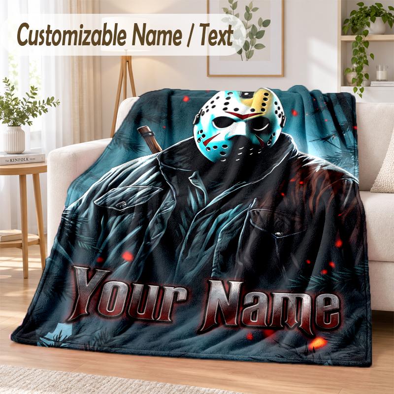 Friday the 13th Jason Voorhees Custom Name Flannel Throw Blanket Soft Warm for Sofa Bed Indoor Home Use