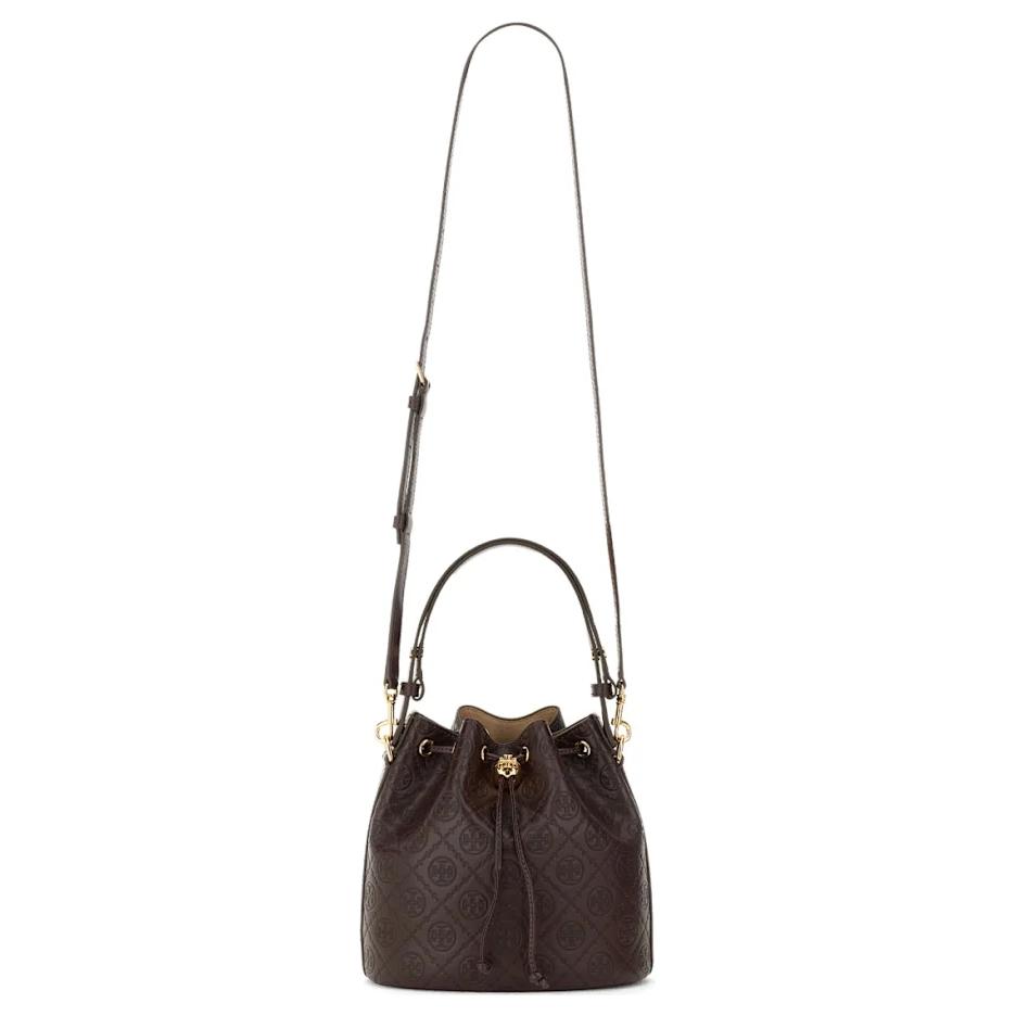 Tory Burch T Monogram Logo Print Drawstring Closure Leather Bucket Bag Women Bags Deep-Red 158529-601