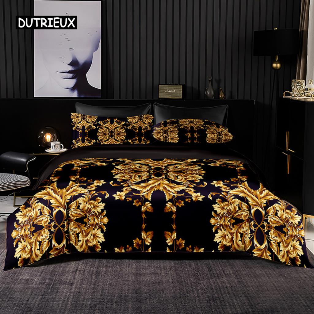 Textured Black Gold Floral Duvet Cover Set with Pillowcases Premium Bedding for Adults Men Women Gifts Bedroom Decoration